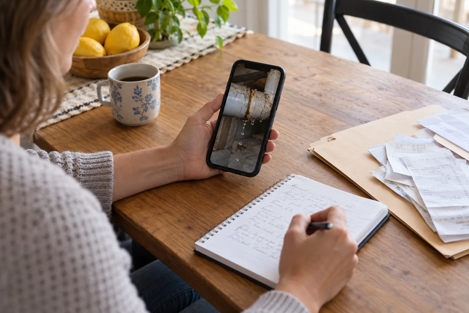 Notebook, phone and photos laid out to document a plumbing problem